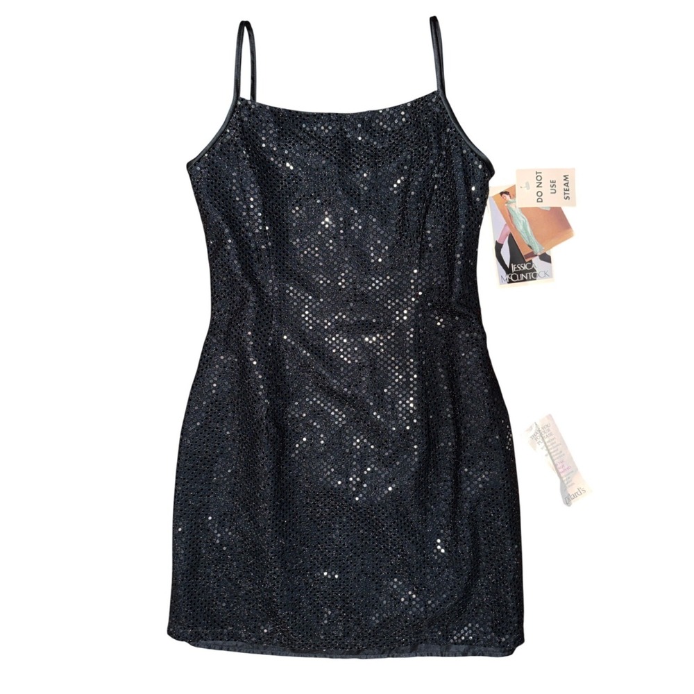 Vintage Jessica McClintock Gunne Sax Black Sequin Mini Dress Coquette Prom Hoco